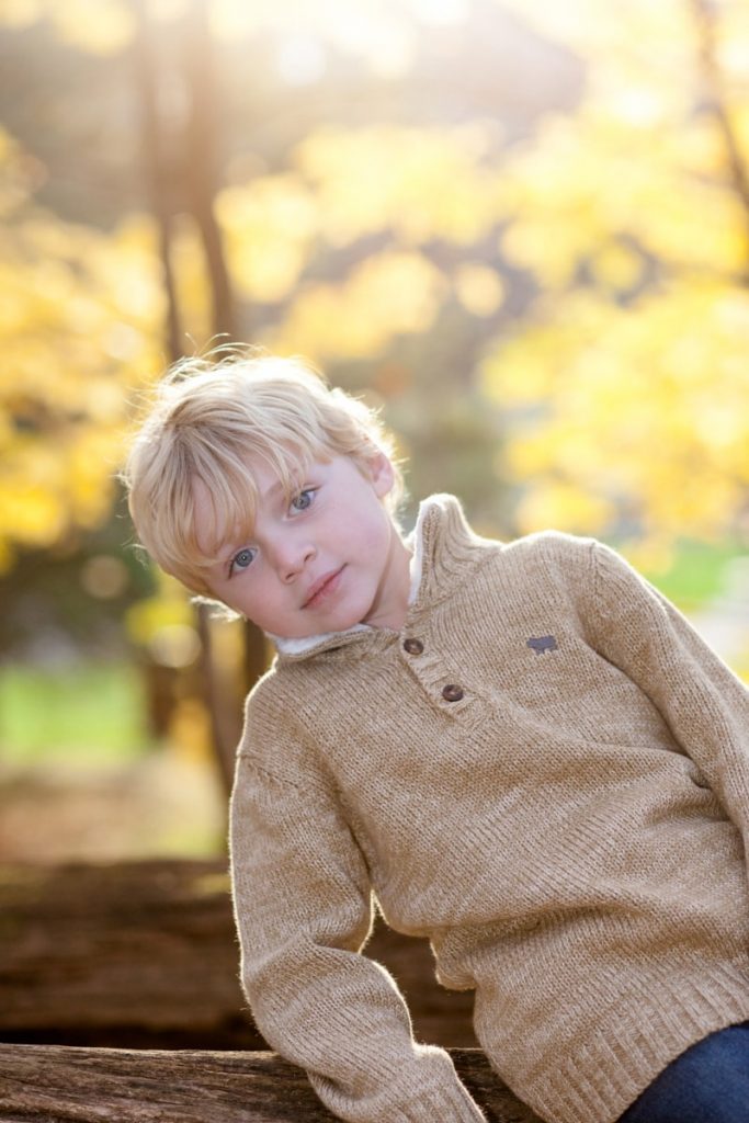 fall session with golden leaves in the background and a little boy in the foreground