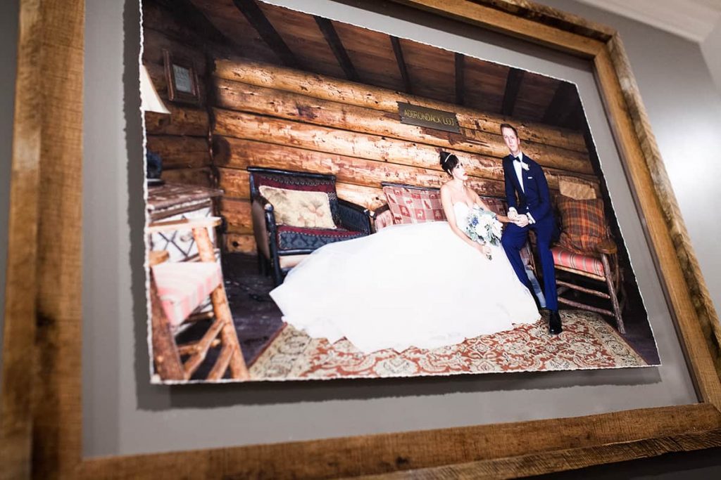 a wedding portrait with handmade barnwood and a gilcee print